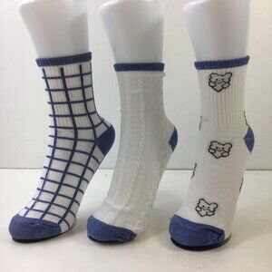 Your Missing Sock Womens Crew Socks 3 Pack Grid Bear Cable Knit Blue White
